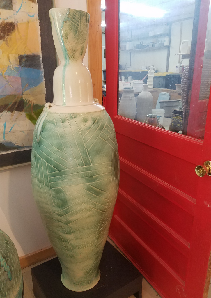 Green Vessel with Geometric carved lines